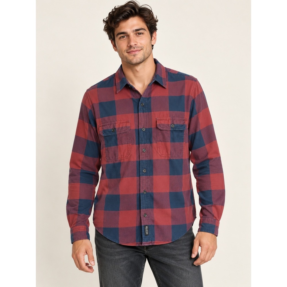 Hollister Flannel Button Down Shirt Mens Size Large Red Navy Blue Buffalo Plaid